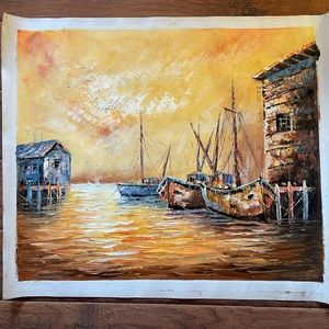 Beautiful Mid Century Oil On Canvas Unframed Wall Art Painting Harbor & Boats